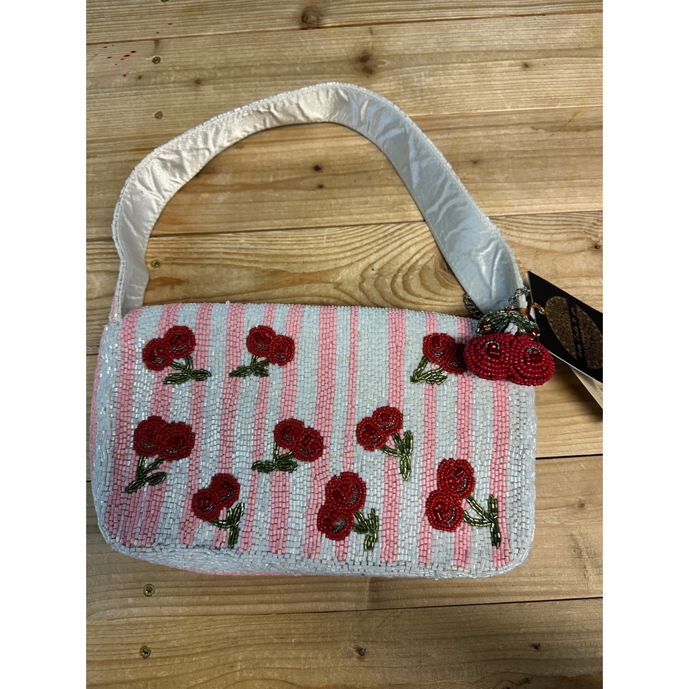 Handmade Beaded Cherry Stripe Shoulder Bag Pink White Artisanal India NWT